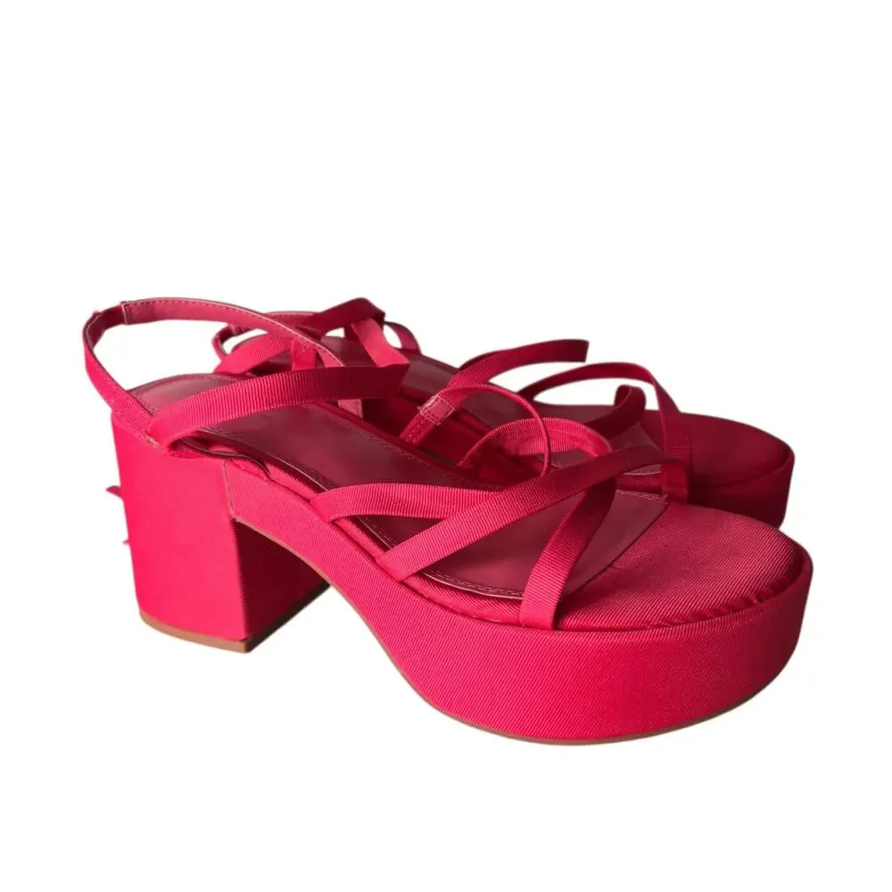 ASOS Design Hoxton Chunky Mid Platform Sandals Pink Fuchsia Grosgrain Ribbon 8